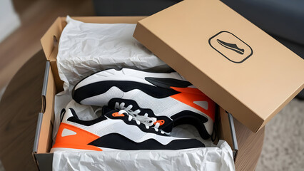 New unboxed sneakers in a cardboard box with tissue paper