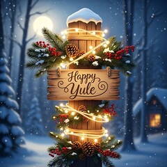 Festive yule post decorated with lights and garland in a snowy forest