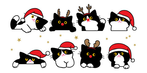 Vector Illustration of Adorable Cartoon Christmas Cat Characters on Isolated Background. Hand Drawn Vector Illustration.