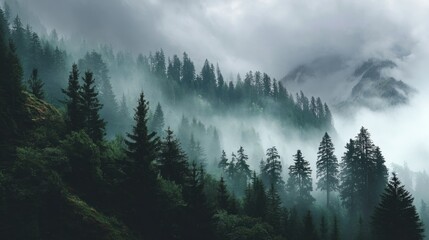 A dense forest with a thick fog covering the trees. The fog creates a mysterious and serene atmosphere, as the trees are shrouded in a misty veil. Concept of tranquility and solitude