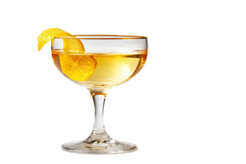 A clear cocktail in a stemmed glass with a lemon twist garnish, on black