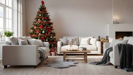 Cozy living room with a beautifully decorated Christmas tree, inviting sofas, and warm fireplace, creating a festive holiday atmosphere for celebrations and family gatherings