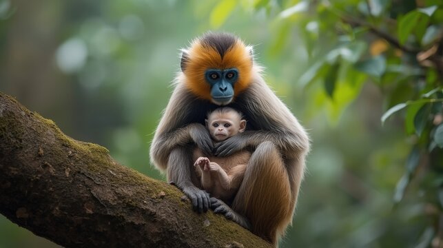Golden snub nosed monkey mother holding baby in tree