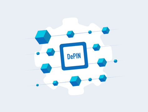 DePIN network illustration - decentralized physical infrastructure network with blockchain nodes. Depin blockchain modern flat vector concept 2026