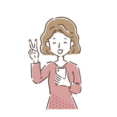 スマホを持ち笑顔でピースして喜んでいる若い女性