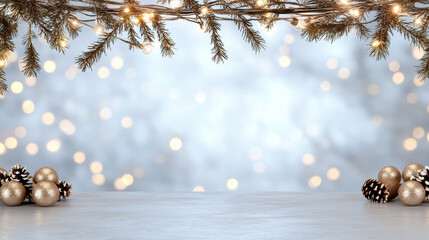 Winter bokeh background with fir garland and warm lights, festive cozy mood