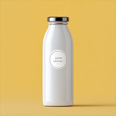 A white bottle of lemon juice with a silver cap and a label that reads "juine Lemon" is isolated on a yellow background.