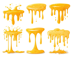 Six illustrations of golden, viscous liquid splattering and dripping, showcasing various shapes