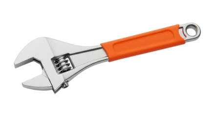 Adjustable wrench with orange handle isolated PNG, spanner tool for construction and repair on transparent background