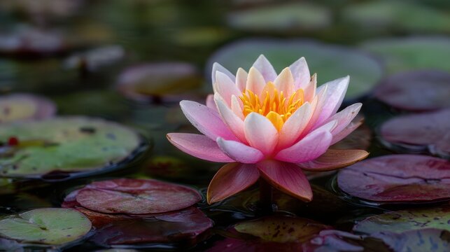 A single pink flower is floating on a pond. The flower is surrounded by water lilies, which are also pink. The scene is peaceful and serene, with the flower and lilies creating a sense of calmness - Powered by Adobe