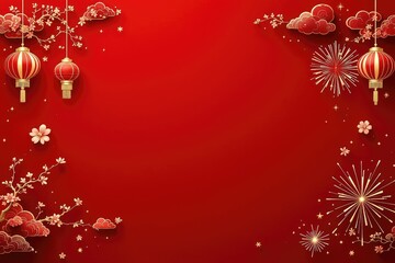 Festive red background with decorative lanterns and fireworks