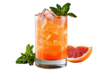 Refreshing vibrant cocktail with ice, grapefruit slice, and mint garnish in a tall glass