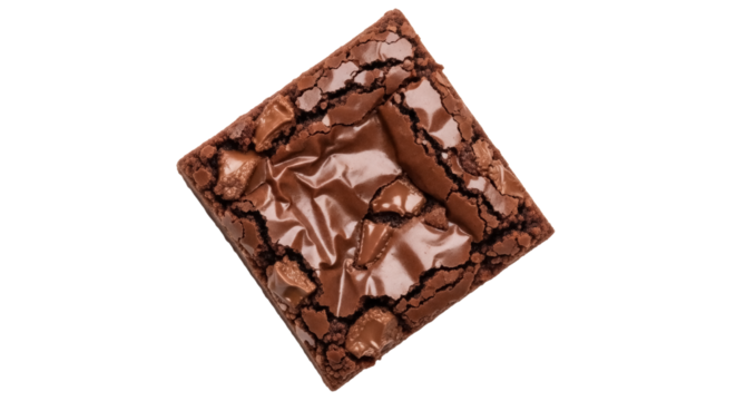 Delicious chocolate brownie isolated PNG, rich fudgy dessert with a shiny top and cracked edges for bakery and confectionery designs