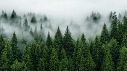 Misty evergreen forest hills foggy dreamy atmosphere