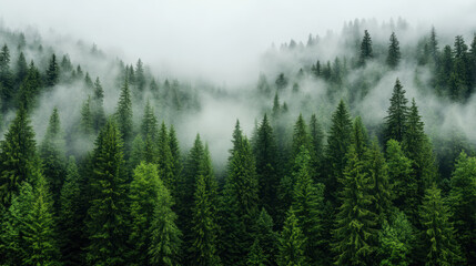 Fototapeta premium Misty evergreen forest rolling fog serene green landscape