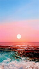 A vibrant image of ocean waves under a colorful sunset sky, with the sun shining brightly.