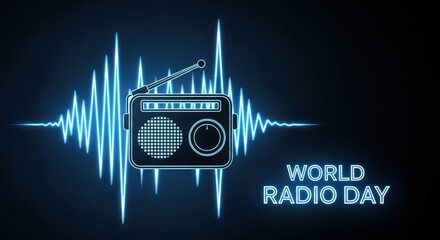 World radio day celebration with a vintage radio and glowing sound waves on a dark background