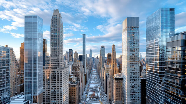 Snowy avenue lined with modern skyscraper and historic highrise buildings, calm winter city light - Powered by Adobe
