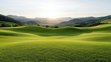 Naklejka premium Soft green rolling hill landscape with sunrise warmth and peaceful light