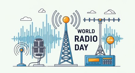 World radio day concept with radio towers, microphone, and sound waves in a flat design style