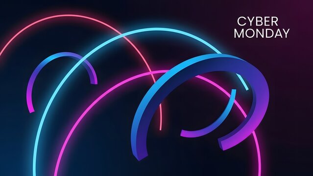 Cyber Monday neon abstract background with glowing rings and futuristic shapes.