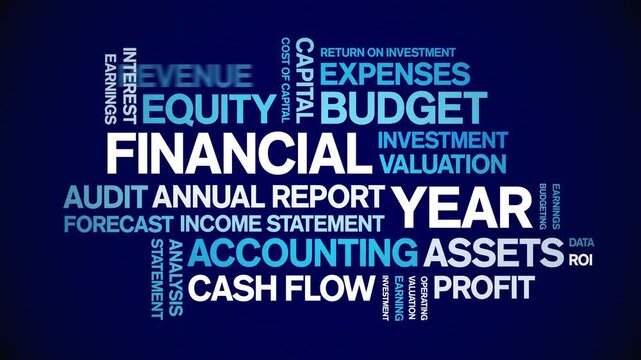 Financial Year animated word cloud-text design animation tag kinetic typography seamless loop.