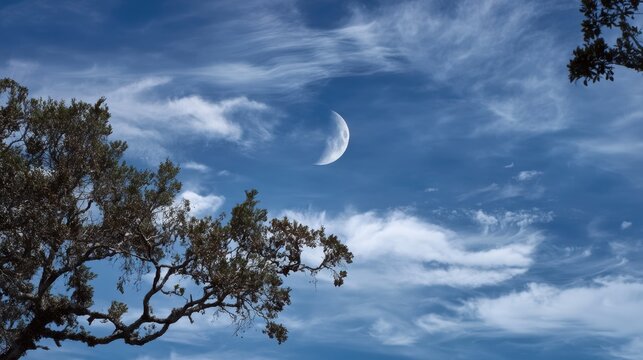 A moon is visible in the sky above a tree. The sky is mostly clear with a few clouds scattered throughout. Scene is peaceful and serene, with the moon and tree providing a sense of calmness