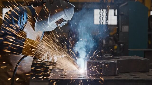 Welding process with sparks and equipment in a workshop environment with industrial detail