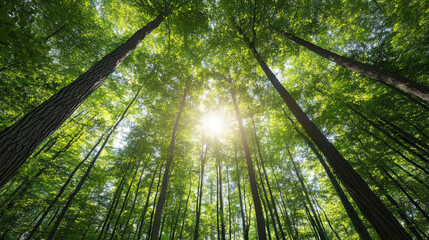 Naklejka premium Sunlit treetops forest sunlight canopy green leaves tall trees sunbeam woodland