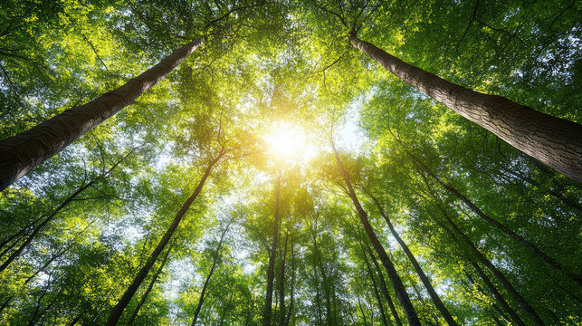 Sunlit forest canopy green treetops airy sunlight rays peaceful mood