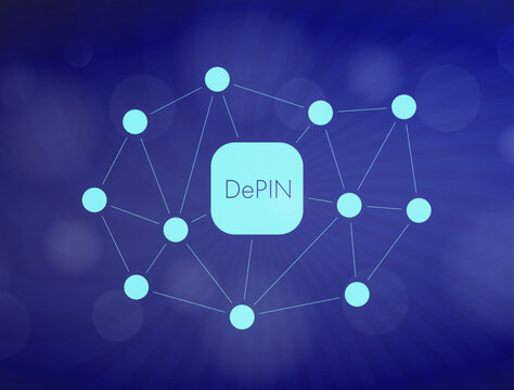 DePIN network connects global devices. Depin network decentralizes physical infrastructure with blockchain nodes connectivity for 2026 digital business and technology scalability. Vector illustration