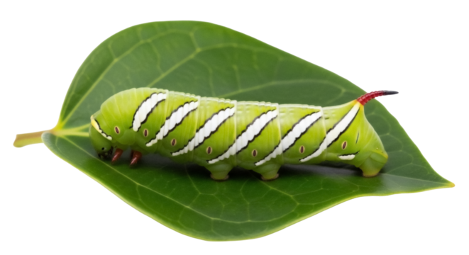 Lime green caterpillar with white stripes isolated on a leaf PNG, insect larva for biology and nature studies on transparent background - Powered by Adobe