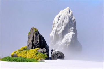A scenic landscape featuring two large rock formations, one covered in white material, the other with green and yellow vegetation, set against a misty backgroun
