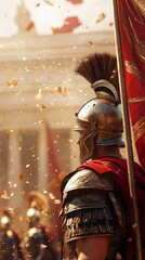 A Roman soldier in full armor stands with a flag, looking towards a sunny ancient city. Confetti falls around him, creating a celebratory atmosphere.
