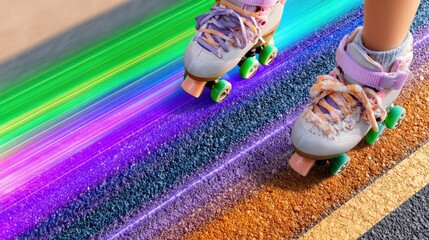 Close-up of roller skates moving on a colorful rainbow road, creating an artistic and dynamic visual.