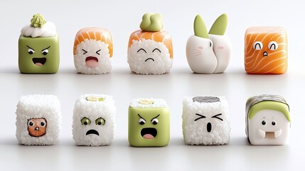 A collection of sushi pieces, each designed with a unique facial expression, arranged on a white surface.