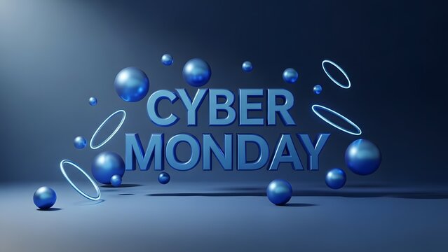 Cyber Monday graphic with blue spheres and rings, perfect for promotional materials.