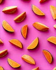Overhead shot of sweet potato wedges arranged in a pattern on a vibrant pink background. The image highlights the orange flesh and dark skin of the sweet potato