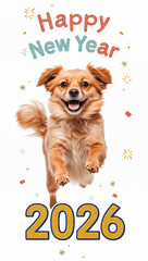 軽快に跳ねる犬とミニマルな白背景を組み合わせた2026年のハッピーニューイヤー向け縦構図デザイン. 生成AI