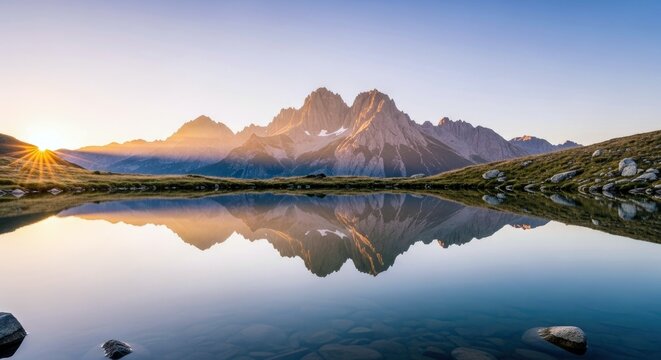 A tranquil landscape featuring a mountain range reflected in a calm lake at sunrise. The scene is bathed in warm, golden light.
