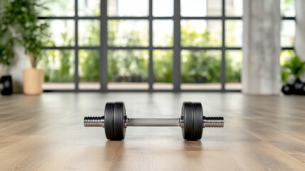 Adjustable dumbbell on wooden floor in bright gym with window light