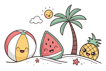 Kawaii Summer Text Banner with Cute Fruits Ball Surf Palm Tree Emoji Vector