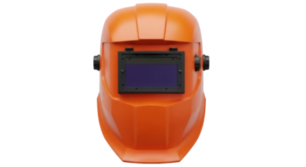 Orange welding mask isolated PNG, protective gear for construction and metalwork on transparent background