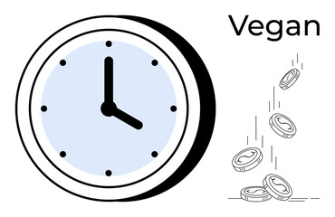 Veganism, time management, ethical choices, sustainability, budgeting, and lifestyle decisions. A clock and falling coins illustrate vegan . Veganism and time management concept