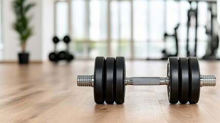 Fototapeta premium Adjustable dumbbell on gym floor with soft natural light and calm atmosphere