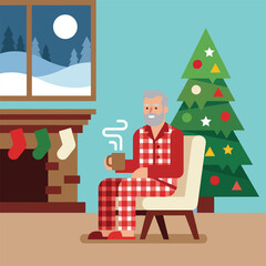 A cozy Christmas flat vector illustration of an elderly man in red plaid pajamas sitting indoors near a decorated Christmas tree and fireplace. He enjoys a warm drink while snow-covered mountains and 