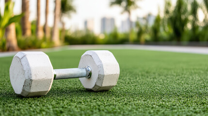 White dumbbell on artificial grass in outdoor workout setting with calm mood