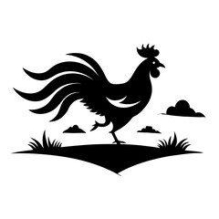 Silhouette of a proud rooster standing on a grassy hill