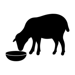 Silhouette of a sheep drinking water from a bowl