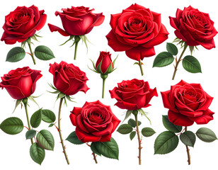 Cluster Set of Red Rose Blooms in Mixed Angles, High Detail Florals, Isolated on Transparent Background